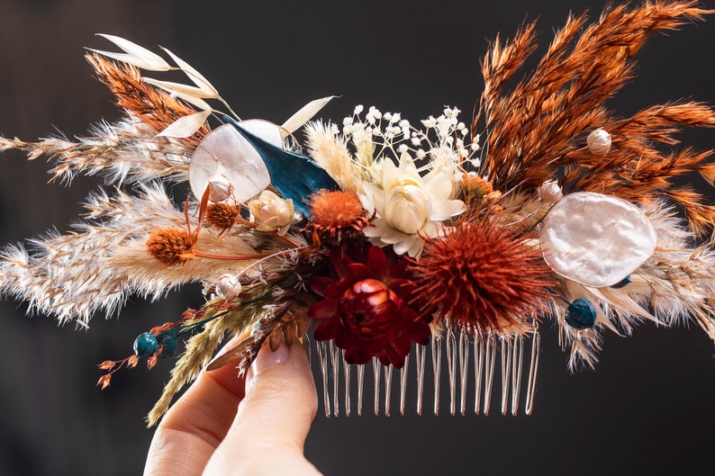 Dried flower thistle fall autumn wedding bouquet set, boho bridal bouquet, burnt orange, teal blue, rust, terracotta pampas grass western image 7