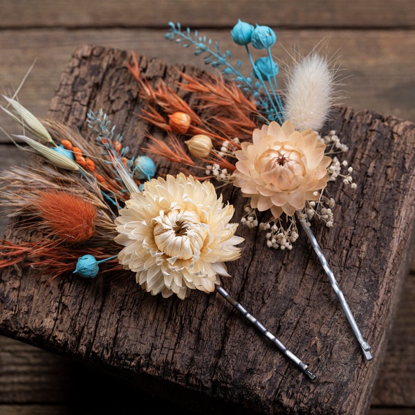 Decorative bobby pin, turquoise bobby pin, flower bobby pin, wedding floral boho hair accessories autumn fall natural dried flowers aztec