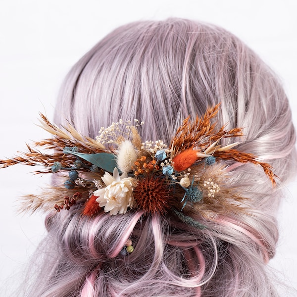 Bridal hair comb burnt orange terracotta turquoise blue full wedding, Dried flowers boho Floral bridesmaid Hair accessories rustic