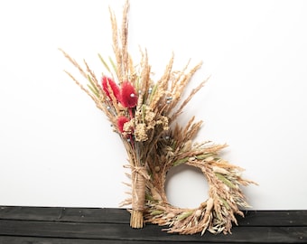 Housewarming Gift Boho Centerpiece Fuchsia Hot Pink Dusty Blue Dried Flower Bouquet Wall Wreath Home Decor Table Arrangement.