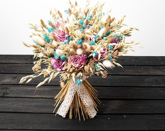 Western Boho Country Wedding Meadow Spring Summer Wildflower Bouquet Pink Purple Turquoise Garden Dried Flower Bridal Bridesmaid Arrangement
