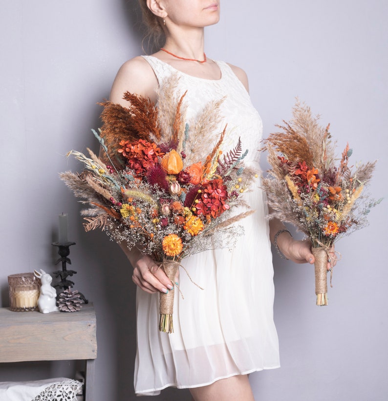 Terracotta wedding bouquet, boho terracotta bridal bouquet, Dried flower thistle fall autumn wedding bouquet burgundy orange pampas grass image 3