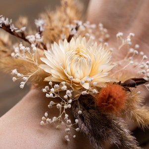 Fall Autumn Wedding Corsage with Dried Flowers – Rustic Boho Bridal, Bridesmaid, flower girls Accessory in Terracotta burnt orange and Rust