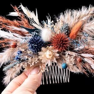 Rustic Bridal Hair Comb - Teal & Rust with Dried Flowers | Navy Blue Fall Wedding Accessory | Boho Bridesmaid Hair Piece Burnt Orange, Ivory