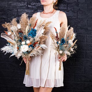 Burnt Orange and Teal Bridal Bouquet with Turkey Feathers, Fall Arrangement | Rustic Terracotta Wedding Decor | Boho Style Sola Wood Flowers