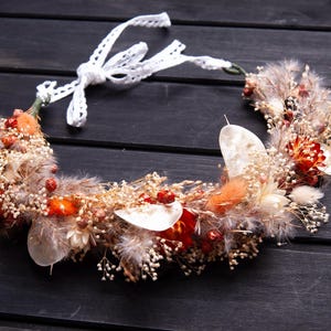 Dried flower crown wedding hair piece, fall rust and ivory, lunaria flower, rustic burnt orange flower girl crown, boho headpiece bridal