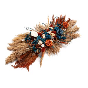 Dried Flower Rustic Boho Wedding Arch - Burnt Orange & Teal Blue Wedding Flowers with Roses for Fall Autumn Ceremonies, wedding arch flowers