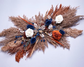 Burnt Orange Navy Blue Wedding Arch Swag Dried Flower Boho Ceremony Backdrop Decor Autumn Rustic Floral Arrangement Wedding Backdrop Set
