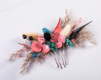 Gothic Wedding Gypsophila Hair clip teal Blue Black pink coral Bridal Piece Rustic Boho pin Dried Flower Alternative Halloween Hair Set