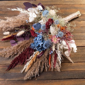 Dusty Blue Thistle wildflower Bridal Bouquet with Burgundy Accents | Dried Flowers & Sola Wood flowers for a Rustic Wedding