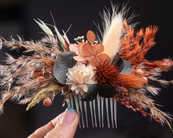 Bridal eucalyptus hair comb, burnt orange terracotta autumn wedding, Dried flowers boho Hair accessories