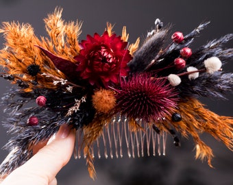 Gotische bruidskam zwart verbrand oranje gedroogde bloem haaraccessoire Halloween bruiloft haarstuk humeurige herfst rustieke bruidsmeisje bloemen hoofddeksel