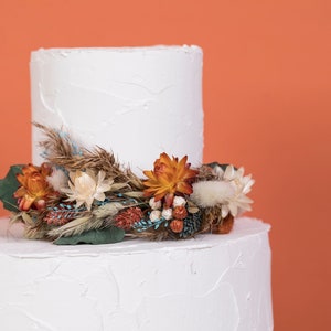 Custom Color Dried Flower Wedding Cake Topper | Teal blue, Turquoise, Burnt Orange, Terracotta Rust for Fall Autumn Weddings