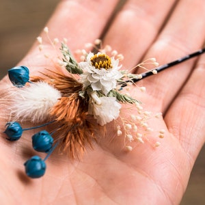 Full autumn Dried flowers Floral bobby pin rustic teal blue wedding Bridal bridesmaid Hair accessories woodland burnt orange