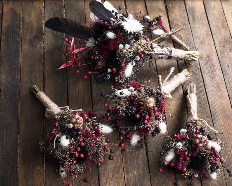 Burgundy black gothic bouquet Dried flower wedding set bouquet Etsy