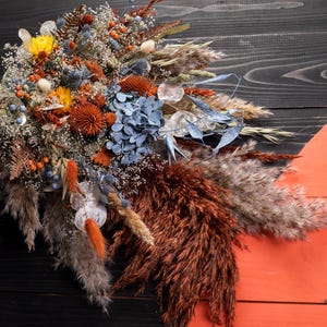 Dusty Blue Dried Flower Wedding Bouquet, wildflower Bridal Bouquet -Burnt orange Terracotta Rustic Fall Wedding