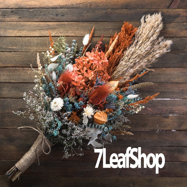 Fall Dried flower thistle wedding bouquet, burnt orange rust, sage green, turquoise blue, terracotta flowers with pampas grass, wildflowers