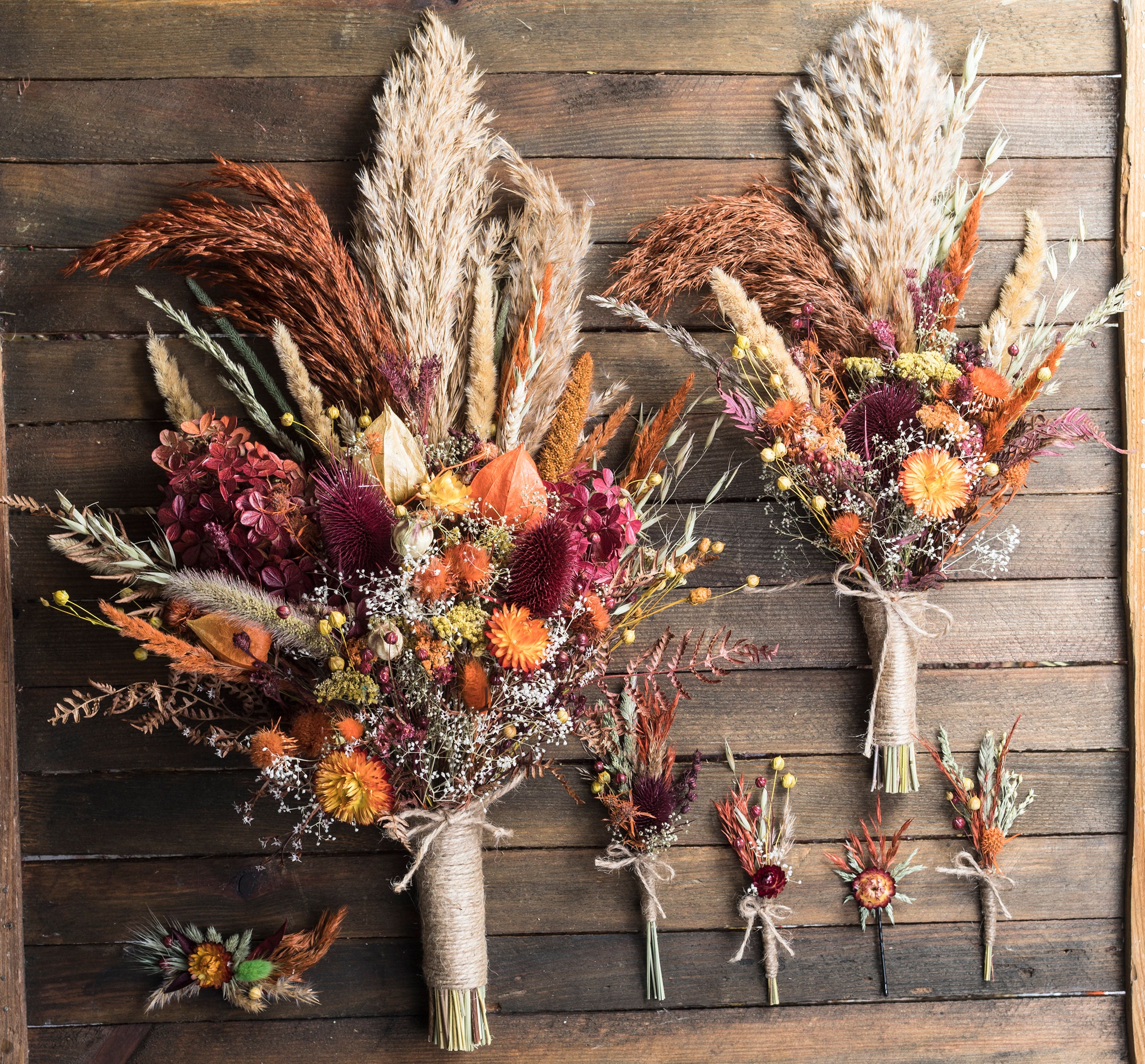 Dried Flower Thistle Fall Autumn Wedding Bouquet Set Burgundy Etsy UK