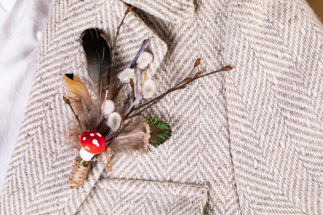 Whimsy Boutineer Amanita Mushroom, Feather, Twigs Spring Dried Flower Boutonniere ...