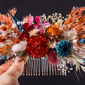 Dried Flower Fall Hair Piece, Teal Blue & Burgundy Bridal Comb with Pearl, Crystal | Rustic Burnt Orange Wildflower Boho bridesmaid Corsage