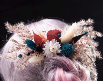 Gothic Wedding Hair Comb, Teal Black Dried Flower Bridal Pin, Moody Coral Pink Halloween Clip, Alternative Boho Rustic Headpiece Set