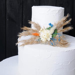 Custom Color Dried Flower Wedding Cake Topper - Beautiful Burnt Orange, teal blue & Terracotta, Rust for Fall Autumn Weddings