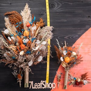 Dried flower thistle fall autumn wedding bouquet set, boho bridal bouquet, burnt orange, teal blue, rust, terracotta pampas grass western image 6