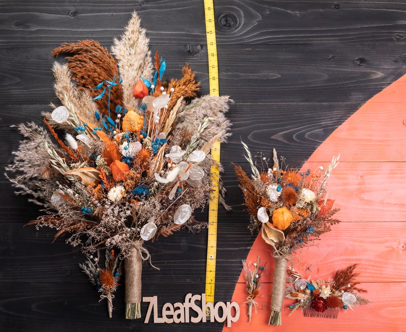 Dried flower thistle fall autumn wedding bouquet set, boho bridal bouquet, burnt orange, teal blue, rust, terracotta pampas grass western image 6