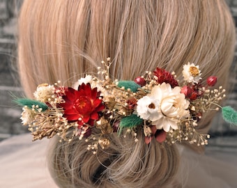 Dried Flower Crown Set | Red Burgundy Green Gold Woodland Bridesmaid Veil Pins