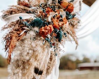 Burnt Orange Teal Arch Swag | Turkey Feather Rustic Boho Dried Flower Backdrop Decor.