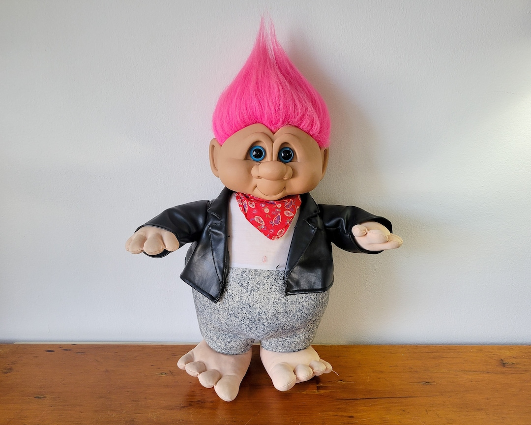 Vintage 1992 Giant Troll Doll Pink Hair and Leather Jacket and Bandana Etsy