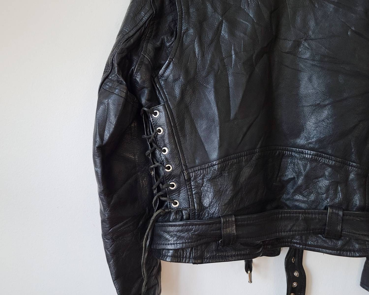 ジャケット・アウター 50-60s leather lace up jacket Vintage Leather Motorcycle Biker Jacket SERVAL Zipper 50s
