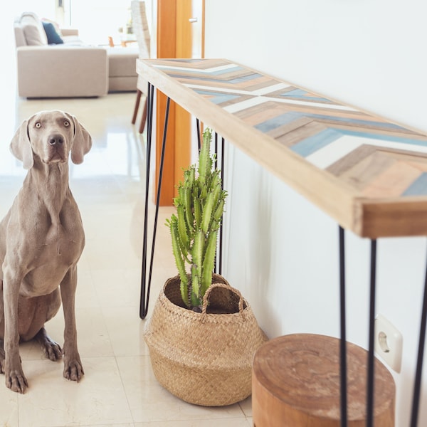 Fischgräten-Konsolentisch, schmaler Holz- oder Beistelltisch, Haarnadel-Bein-Hochformat-Flurtisch, Chevron-Eintrags- oder Sofatisch, Boho MCM-Möbel