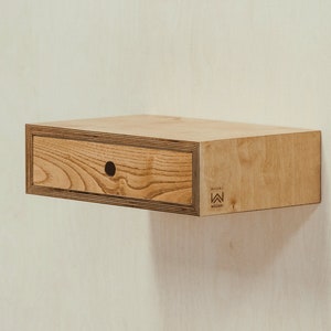 Modern Floating Nightstand: Chestnut & Birch Wood Wall Mounted Bedside Table