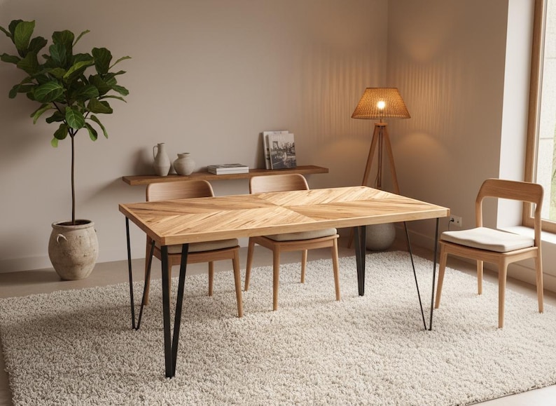 May include: A light wood dining table with black hairpin legs, surrounded by matching chairs. A large rug and a potted plant are in the foreground. A wooden lamp and a shelf with decor are in the background.