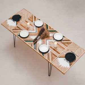 Uitschuifbare keukentafel met visgraatmotief, uitschuifbare eettafel met haarspeldbeen, boho meubels in Scandinavische stijl, lange eettafel, chevrontafel
