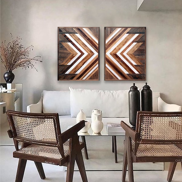 Décoration murale en bois à chevrons | Art sur bois aztèque | Art géométrique récupéré | Panneau en bois mosaïque artistique | Étagère flottante en bois | Monté caché