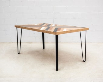 Rustic Wood Dining Table: Geometric Wild Pine & Chestnut, Hairpin Legs