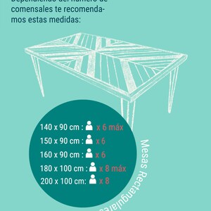 May include: An illustration of a rectangular table with a white geometric design on a teal background. The image includes text suggesting table sizes: 140 x 90 cm (55 x 35 inches), 150 x 90 cm (59 x 35 inches), 160 x 90 cm (63 x 35 inches), 180 x 100 cm (71 x 39 inches), and 200 x 100 cm (79 x 39 inches).