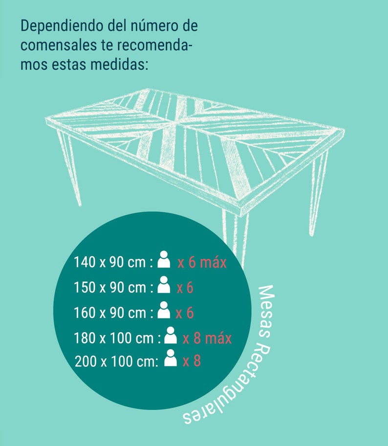 May include: An illustration of a rectangular table with a white geometric design on a teal background. The image includes text suggesting table sizes: 140 x 90 cm (55 x 35 inches), 150 x 90 cm (59 x 35 inches), 160 x 90 cm (63 x 35 inches), 180 x 100 cm (71 x 39 inches), and 200 x 100 cm (79 x 39 inches).