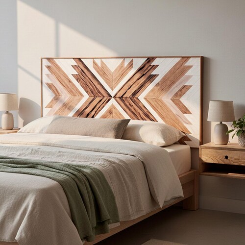 reclaimed wood floating headboard rustic design, geometric plywood headboard modern style, upholstered headboard minimalist white fabric