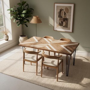 Herringbone Wood Table: Chevron Geometric Design, Hairpin Legs