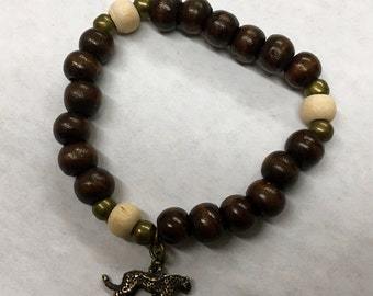 African Cheetah Charm and Elastic Wood Beads Bracelet