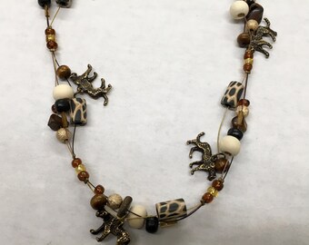 Multi-String Cheetah Charm and Wood Beads Necklace, Bracelet; Earrings