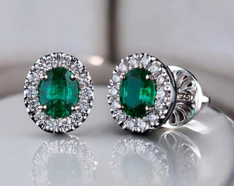 Diamond halo Emerald Earrings, Emerald Stud Earrings Natural Emerald Earrings Genuine Emerald 18K White Gold Earrings May Birthstone Jewelry