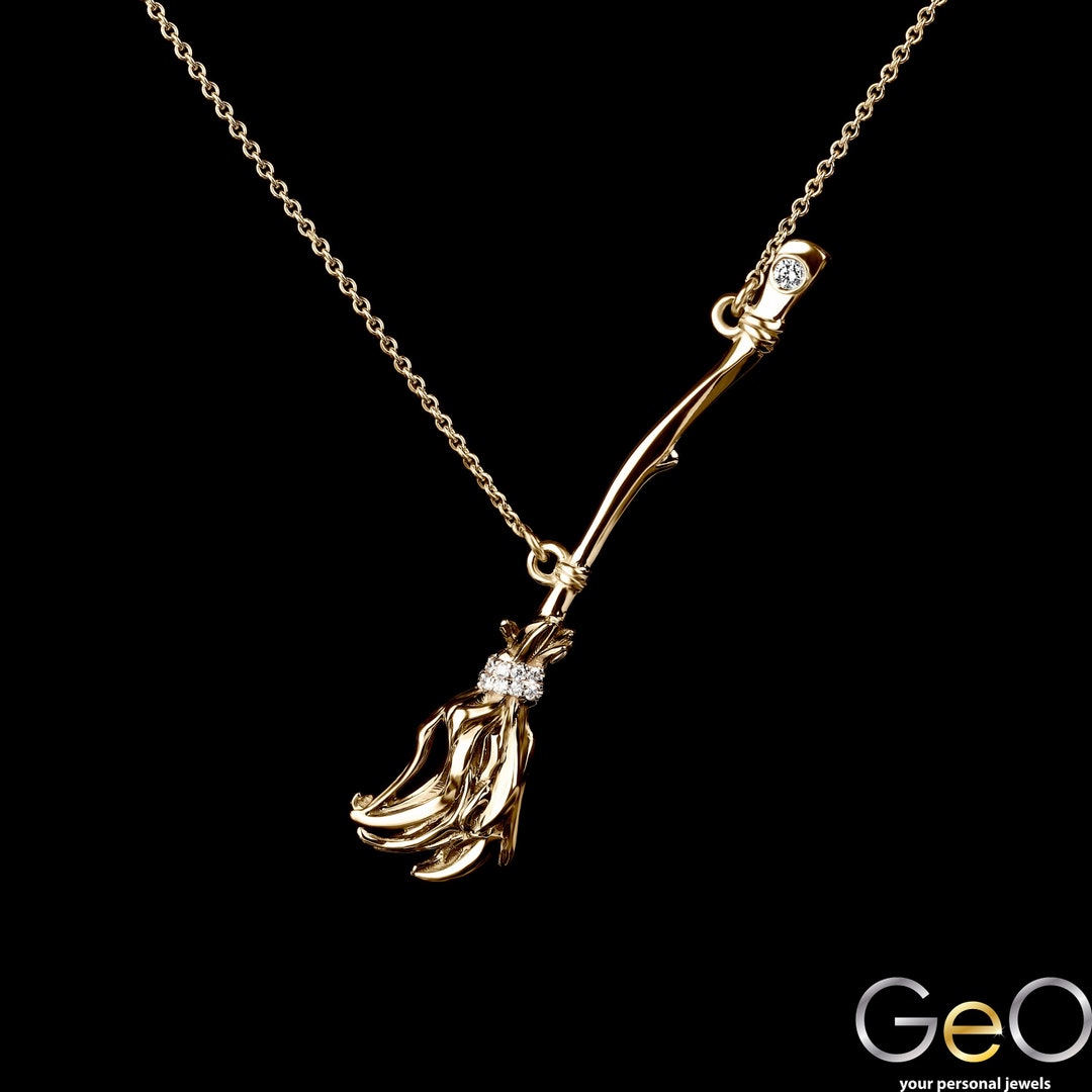 Broom Necklace 14K Gold Diamond Halloween Jewelry Witches Etsy