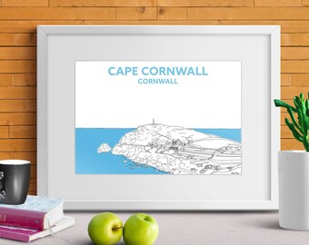 CAPE CORNWALL Hand Drawn Print, West Cornish Coast, Landscape Travel Print A5 A4 A3.