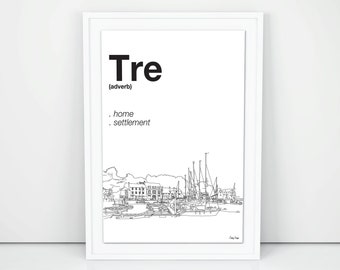 Cornish Definition Print - TRE TRETH - A5 A4 A3 Cornish Language Design Line Drawing