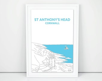 ST ANTHONYS HEAD Hand Drawn Print, Roseland South Cornwall, Cornish Travel Print A5 A4 A3