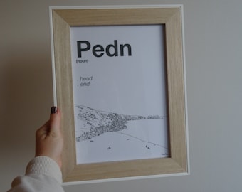 PEDN Cornish Definition Print, Cornwall Pedn Vounder Porthcurno Beach, A5 A4 A3 Line Drawing Art